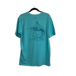 RARE! EUC Under Armour Loose Fit Teal Swordfish Fish Graphic Tee Shirt Mens L